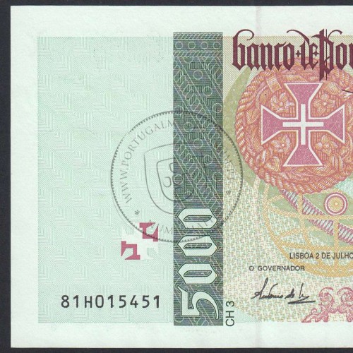 Nota de 5000 Escudos 1998 Vasco da Gama, 5000$00 02/07/1998 Chapa: 3 - Banco de Portugal (Pouco Circulada) - Pick 190