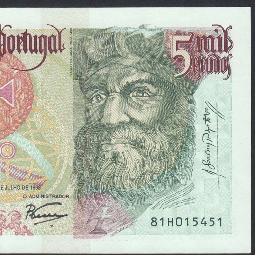5000 Escudos banknote 1998 Vasco da Gama, 5000$00 02/07/1998 Plate: 3 - Bank of Portugal (Lightly circulated) - Pick 190