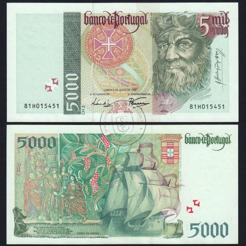 Nota de 5000 Escudos 1998 Vasco da Gama, 5000$00 02/07/1998 Chapa: 3 - Banco de Portugal (Pouco Circulada) - Pick 190
