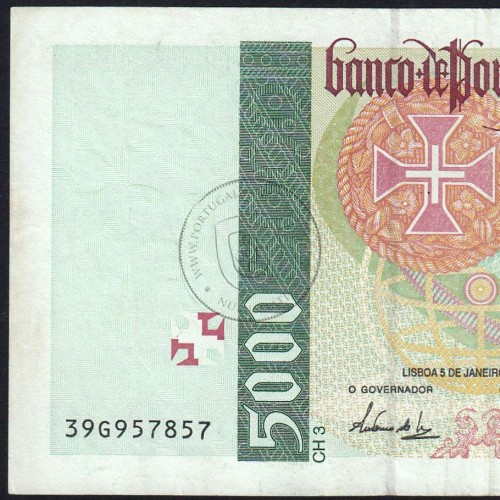 Nota de 5000 Escudos 1995 Vasco da Gama, 5000$00 05/01/1995 Chapa: 3 - Banco de Portugal (Circulada) - Pick 190