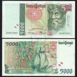 5000 Escudos banknote 1995 Vasco da Gama, 5000$00 05/01/1995 Plate: 3 - Bank of Portugal (Circulated) - Pick 190