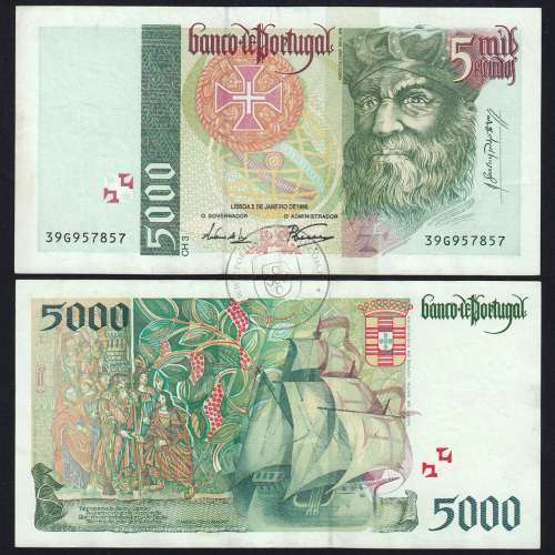 5000 Escudos banknote 1995 Vasco da Gama, 5000$00 05/01/1995 Plate: 3 - Bank of Portugal (Circulated) - Pick 190