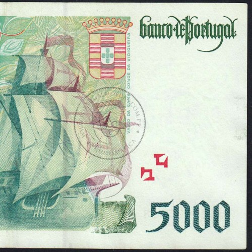 5000 Escudos banknote 1995 Vasco da Gama, 5000$00 05/01/1995 Plate: 3 - Bank of Portugal (Circulated) - Pick 190