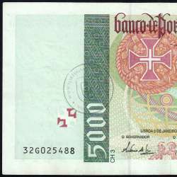 5000 Escudos banknote 1995 Vasco da Gama, 5000$00 05/01/1995 Plate: 3 - Bank of Portugal (Circulated) - Pick 190