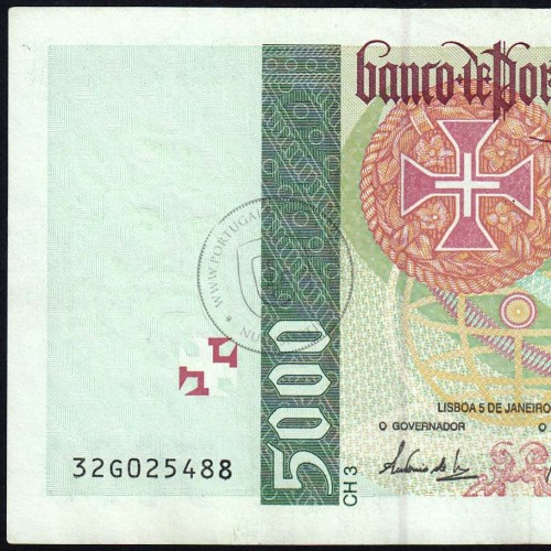 Nota de 5000 Escudos 1995 Vasco da Gama, 5000$00 05/01/1995 Chapa: 3 - Banco de Portugal (Circulada) - Pick 190