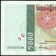 5000 Escudos banknote 1995 Vasco da Gama, 5000$00 05/01/1995 Plate: 3 - Bank of Portugal (Circulated) - Pick 190