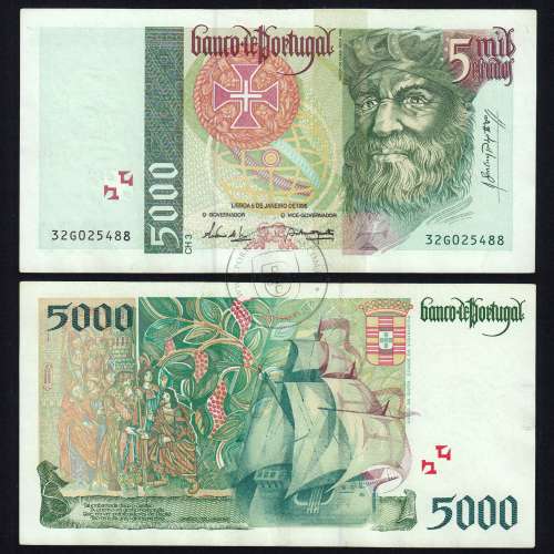 5000 Escudos banknote 1995 Vasco da Gama, 5000$00 05/01/1995 Plate: 3 - Bank of Portugal (Circulated) - Pick 190