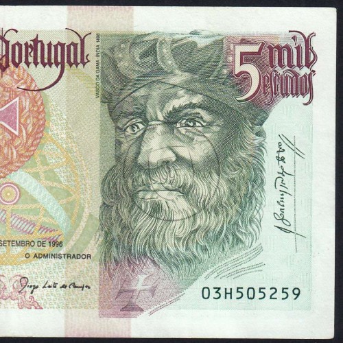 5000 Escudos banknote 1996 Vasco da Gama, 5000$00 12/09/1996 Plate: 3 - Bank of Portugal (Circulated) - Pick 190