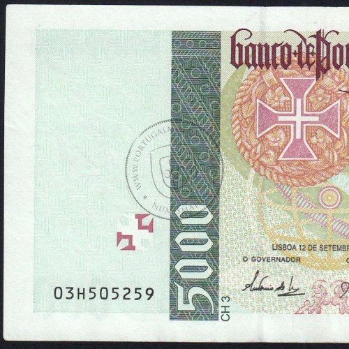 Nota de 5000 Escudos 1996 Vasco da Gama, 5000$00 12/09/1996 Chapa: 3 - Banco de Portugal (Circulada) - Pick 190