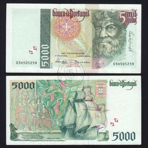 5000 Escudos banknote 1996 Vasco da Gama, 5000$00 12/09/1996 Plate: 3 - Bank of Portugal (Circulated) - Pick 190