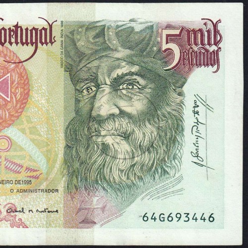 5000 Escudos banknote 1995 Vasco da Gama, 5000$00 05/01/1995 Plate: 3 - Bank of Portugal (Circulated) - Pick 190