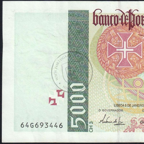 5000 Escudos banknote 1995 Vasco da Gama, 5000$00 05/01/1995 Plate: 3 - Bank of Portugal (Circulated) - Pick 190