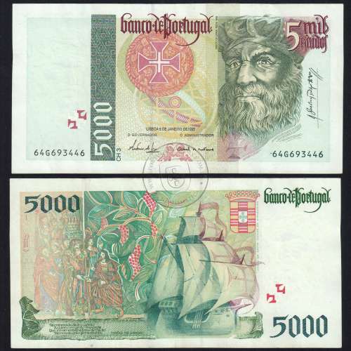 5000 Escudos banknote 1995 Vasco da Gama, 5000$00 05/01/1995 Plate: 3 - Bank of Portugal (Circulated) - Pick 190