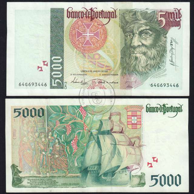 Nota de 5000 Escudos 1995 Vasco da Gama, 5000$00 05/01/1995 Chapa: 3 - Banco de Portugal (Circulada) - Pick 190