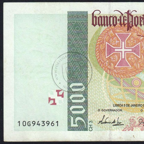 5000 Escudos banknote 1995 Vasco da Gama, 5000$00 05/01/1995 Plate: 3 - Bank of Portugal (Circulated) - Pick 190