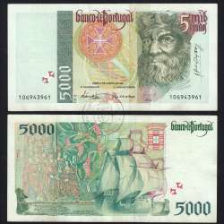 Nota de 5000 Escudos 1995 Vasco da Gama, 5000$00 05/01/1995 Chapa: 3 - Banco de Portugal (Circulada) - Pick 190