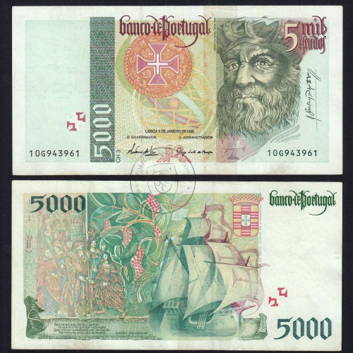 Nota de 5000 Escudos 1995 Vasco da Gama, 5000$00 05/01/1995 Chapa: 3 - Banco de Portugal (Circulada) - Pick 190