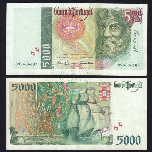 5000 Escudos banknote 1996 Vasco da Gama, 5000$00 12/09/1996 Plate: 3 - Bank of Portugal (Circulated) - Pick 190