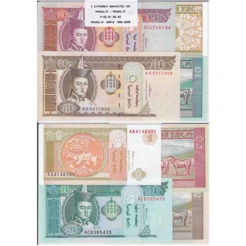 MONGÓLIA - LOTE DE 4 NOTAS DIFERENTES-SERIE 1993-2008 ( NÃO CIRCULADAS)