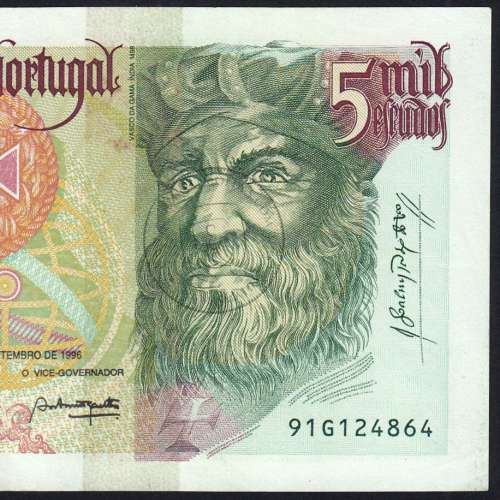 5000 Escudos banknote 1996 Vasco da Gama, 5000$00 12/09/1996 Plate: 3 - Bank of Portugal (Circulated) - Pick 190