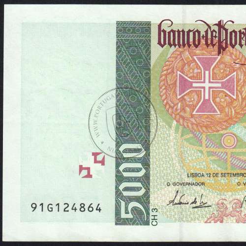 5000 Escudos banknote 1996 Vasco da Gama, 5000$00 12/09/1996 Plate: 3 - Bank of Portugal (Circulated) - Pick 190