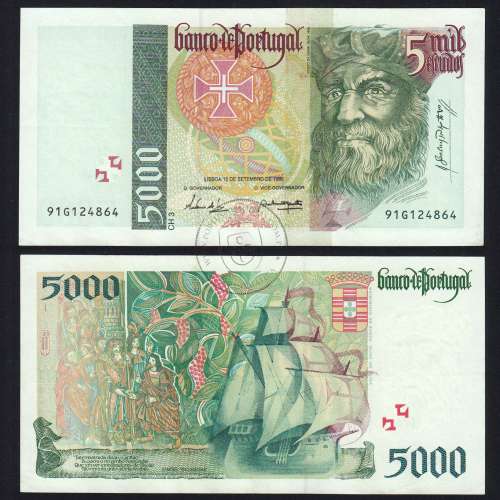 5000 Escudos banknote 1996 Vasco da Gama, 5000$00 12/09/1996 Plate: 3 - Bank of Portugal (Circulated) - Pick 190