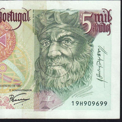 5000 Escudos banknote 1997 Vasco da Gama, 5000$00 20/02/1997 Plate: 3 - Bank of Portugal (Circulated) - Pick 190
