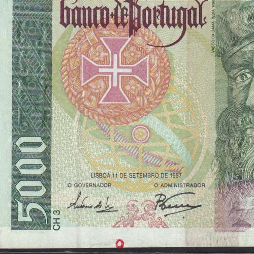 5000 Escudos banknote 1997 Vasco da Gama, 5000$00 11/09/1997 Plate: 3 - Bank of Portugal (Circulated) - Pick 190