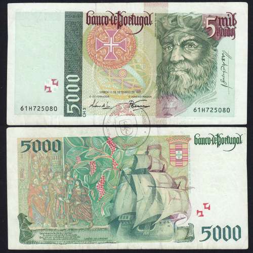 5000 Escudos banknote 1997 Vasco da Gama, 5000$00 11/09/1997 Plate: 3 - Bank of Portugal (Circulated) - Pick 190