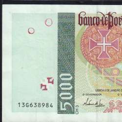 Nota de 5000 Escudos 1995 Vasco da Gama, 5000$00 05/01/1995 Chapa: 3 - Banco de Portugal (Circulada) - Pick 190
