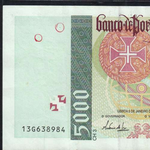 Nota de 5000 Escudos 1995 Vasco da Gama, 5000$00 05/01/1995 Chapa: 3 - Banco de Portugal (Circulada) - Pick 190