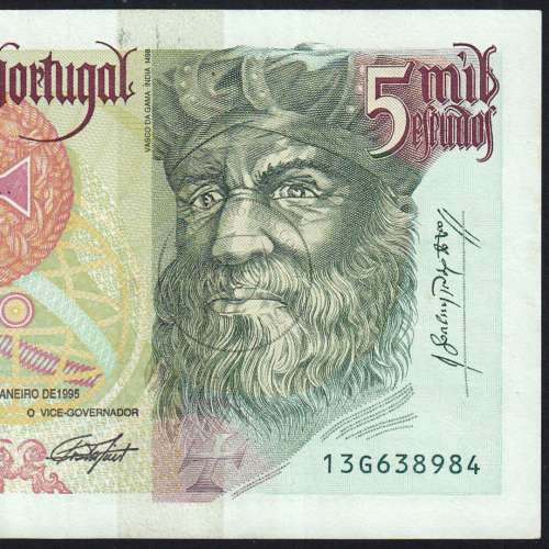 5000 Escudos banknote 1995 Vasco da Gama, 5000$00 05/01/1995 Plate: 3 - Bank of Portugal (Circulated) - Pick 190
