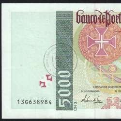 5000 Escudos banknote 1995 Vasco da Gama, 5000$00 05/01/1995 Plate: 3 - Bank of Portugal (Circulated) - Pick 190