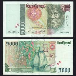 5000 Escudos banknote 1995 Vasco da Gama, 5000$00 05/01/1995 Plate: 3 - Bank of Portugal (Circulated) - Pick 190