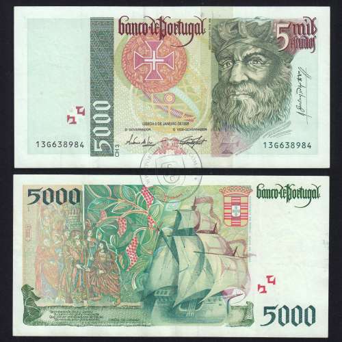 Nota de 5000 Escudos 1995 Vasco da Gama, 5000$00 05/01/1995 Chapa: 3 - Banco de Portugal (Circulada) - Pick 190