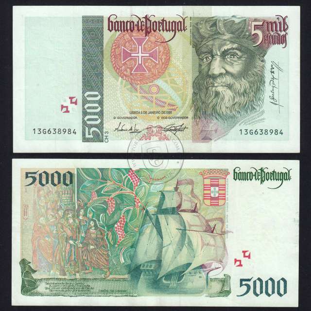 5000 Escudos banknote 1995 Vasco da Gama, 5000$00 05/01/1995 Plate: 3 - Bank of Portugal (Circulated) - Pick 190