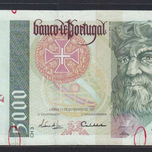 5000 Escudos banknote 1997 Vasco da Gama, 5000$00 11/09/1997 Plate: 3 - Bank of Portugal (Circulated) - Pick 190