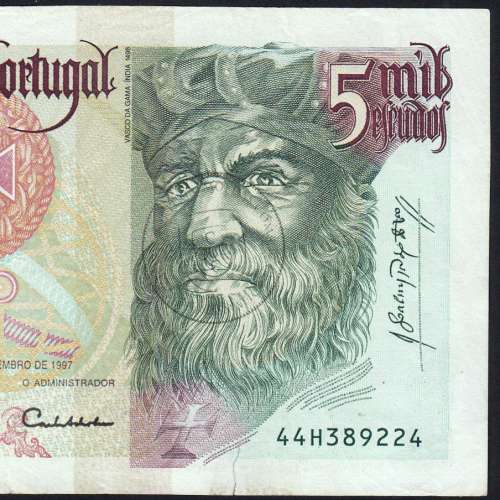 5000 Escudos banknote 1997 Vasco da Gama, 5000$00 11/09/1997 Plate: 3 - Bank of Portugal (Circulated) - Pick 190