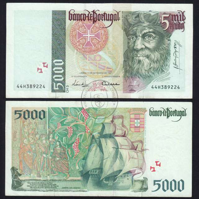 5000 Escudos banknote 1997 Vasco da Gama, 5000$00 11/09/1997 Plate: 3 - Bank of Portugal (Circulated) - Pick 190