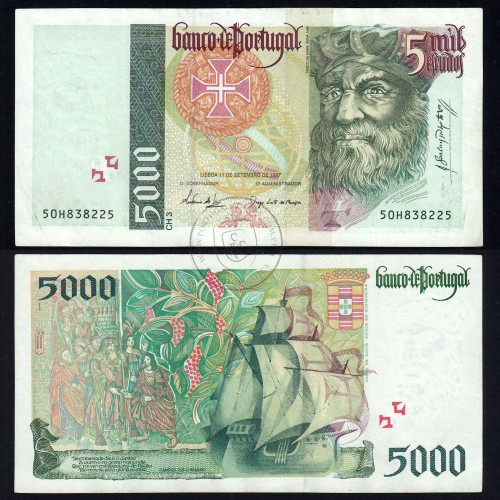 5000 Escudos banknote 1997 Vasco da Gama, 5000$00 11/09/1997 Plate: 3 - Bank of Portugal (Circulated) - Pick 190