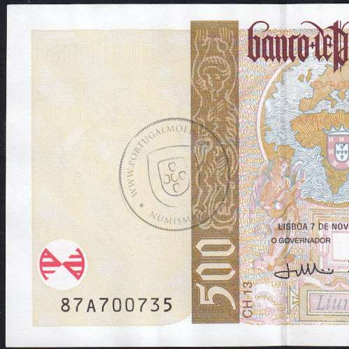 Nota de 500 Escudos 2000 João de Barros, 500$00 07/11/2000 Chapa: 13 - Banco de Portugal (Pouco Circulada), Pick 187