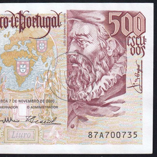 500 Escudos banknote 2000 João de Barros, 500$00 07/11/2000 Plate: 13 - Bank of Portugal (Lightly circulated), Pick 187