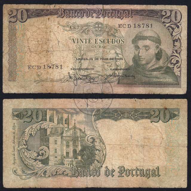 Capicua - 20 Escudos Banknote 1964 Saint Anthony, 20$00 26/05/1964 Plate: 7 - Bank of Portugal (Very Circulated), Pick 167