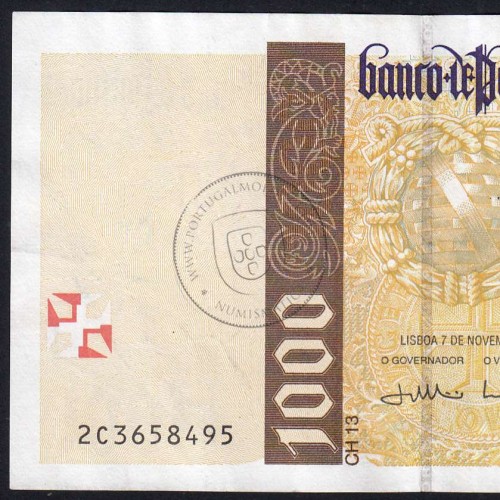 1000 Escudos banknote 2000 Pedro Alvares Cabral, 1000$00 07/11/2000 Plate: 13 - Bank of Portugal (Circulated), Pick 188