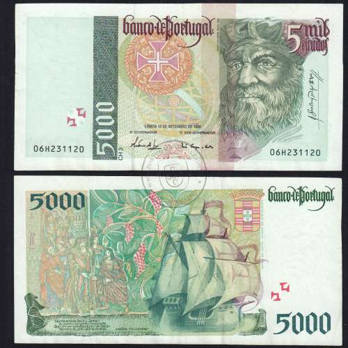 5000 Escudos banknote 1996 Vasco da Gama, 5000$00 12/09/1996 Plate: 3 - Bank of Portugal (Circulated) - Pick 190