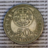Nickel brass coin, 50 centavos 1928 of Saint Thomas & Prince, former Portuguese colony, (VF), World Coins KM 1 c