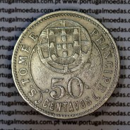 50 Centavos 1929 alpaca de São Tomé e Príncipe Ex-colónia Portuguesa, (MBC+), World Coins Saint Thomas & Prince Island KM 1 f