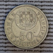 Nickel brass coin, 50 centavos 1929 of Saint Thomas & Prince, former Portuguese colony, (VF+), World Coins KM 1 f