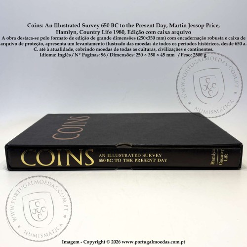 Coins: An Illustrated Survey 650 BC to the Present Day, Martin Jessop Price, Hamlyn, Country Life 1980, Edição com caixa arquivo