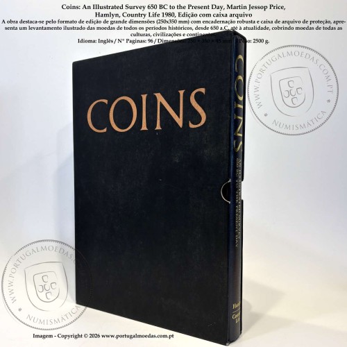 Coins: An Illustrated Survey 650 BC to the Present Day, Martin Jessop Price, Hamlyn, Country Life 1980, Edição com caixa arquivo